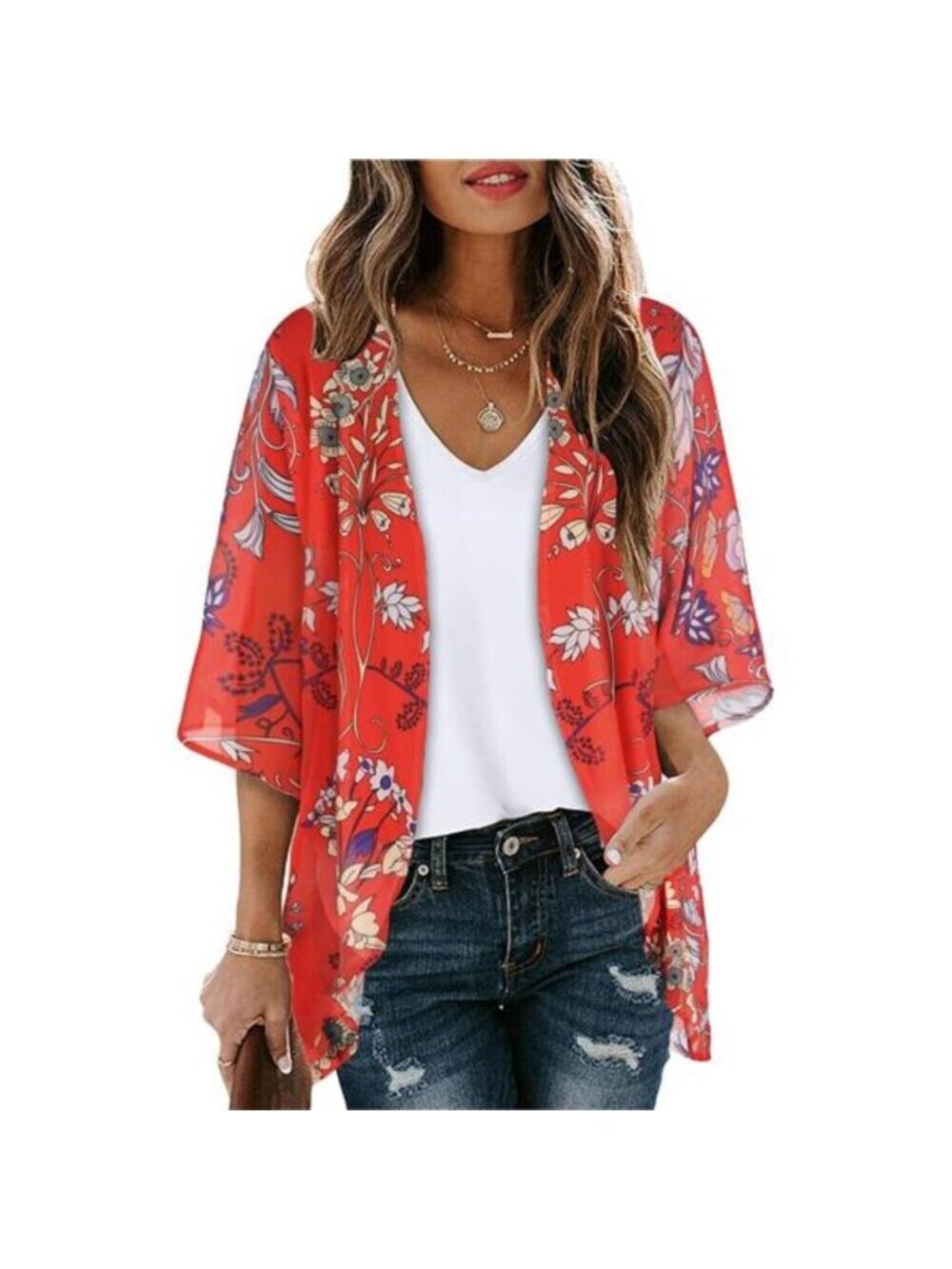 Women's Floral Print Puff Sleeve Kimono Cardigan Loose Cover Up